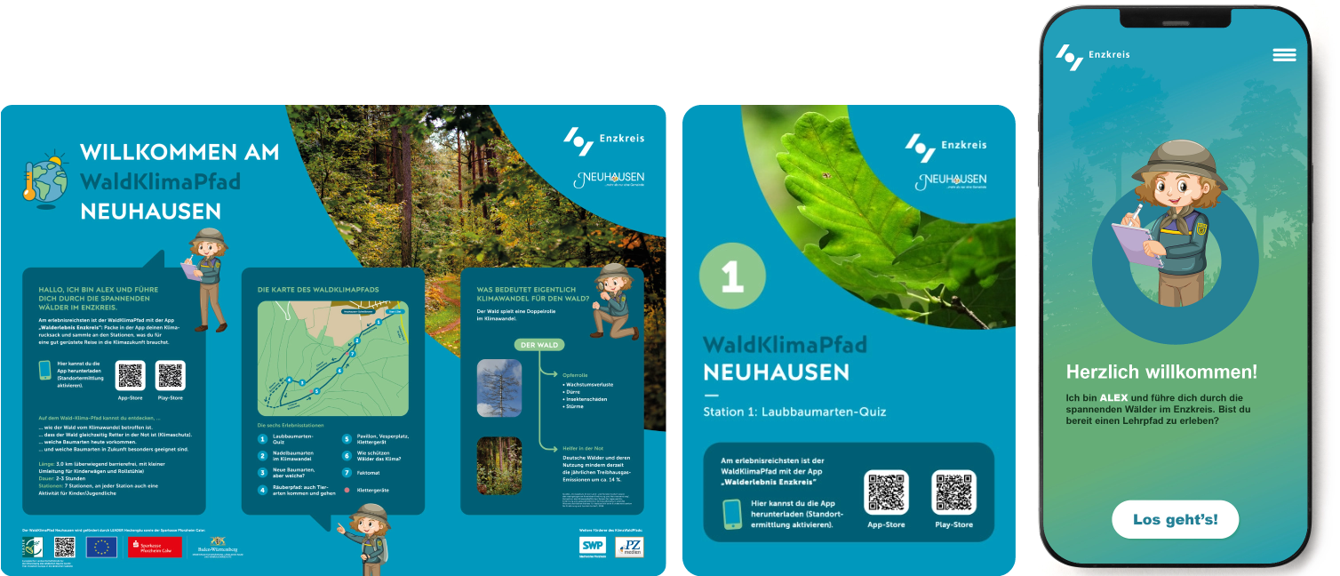 Zwei Infotafeln WaldKlimaPfad Neuhausen und Begrüßungsseite der App „Walderlebnis Enzkreis