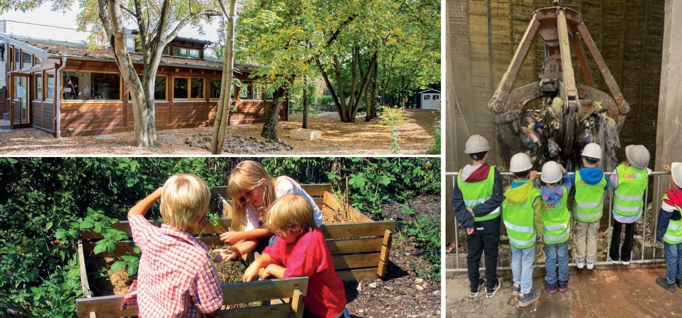 GML Ludwigshafen: Freilandklassenzimmer, Kinder am Müllbunker, Kinder untersuchen Kompost