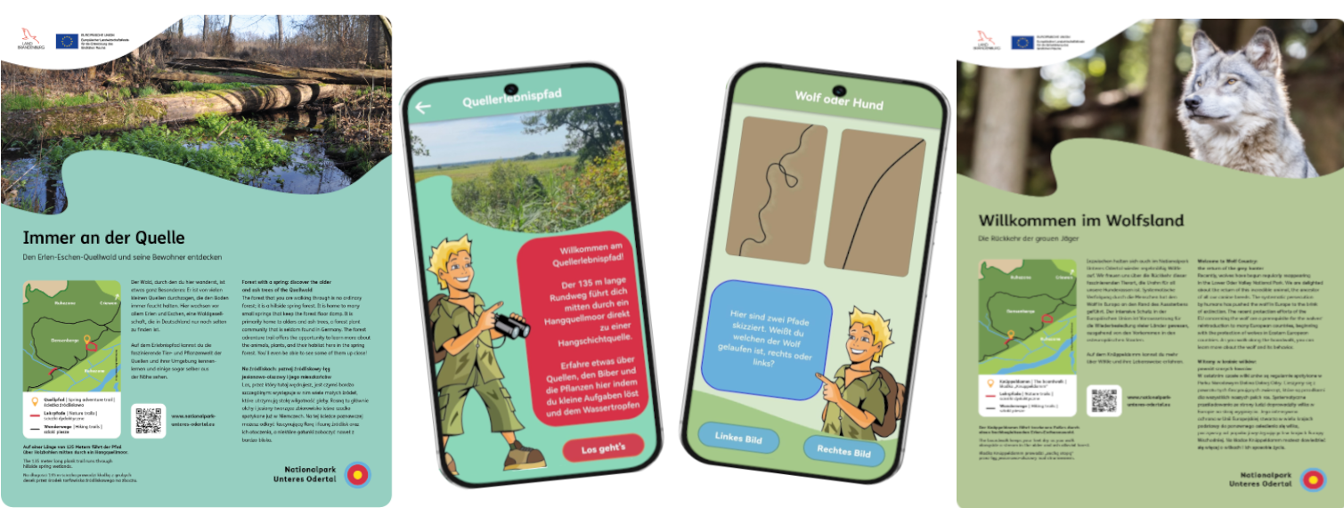 Nationalpark Unteres Odertal: Infotafeln zu Knüppeldamm und Quellerlebnisppfad, und zwei Beispiel aus der App Unteres Odertal erleben